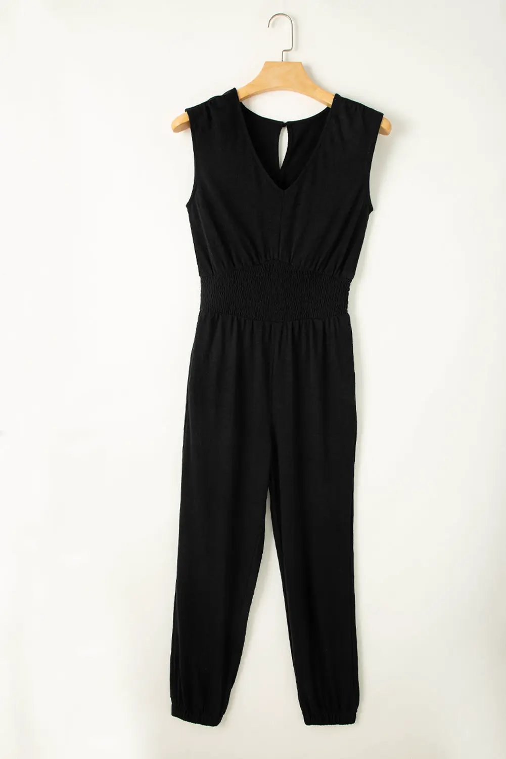 Grateful Threads Boutique Black Shirred High Waist Sleeveless V-Neck Jumpsuit - One-Pieces Black Shirred High Waist Sleeveless V Neck Jumpsuit