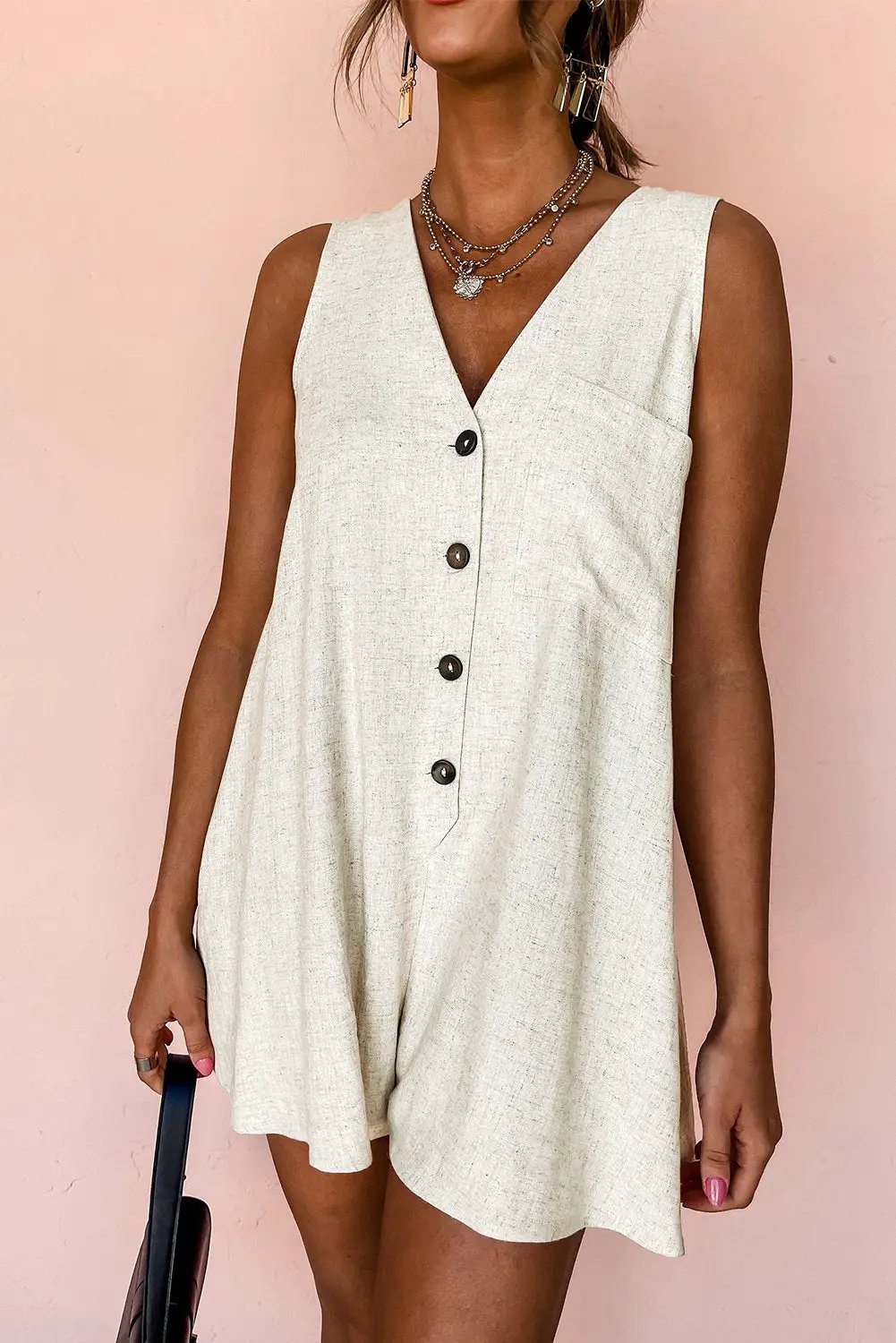 Grateful Threads Boutique Beige Sleeveless V-Neck Romper - One-Pieces Beige V Neck Romper