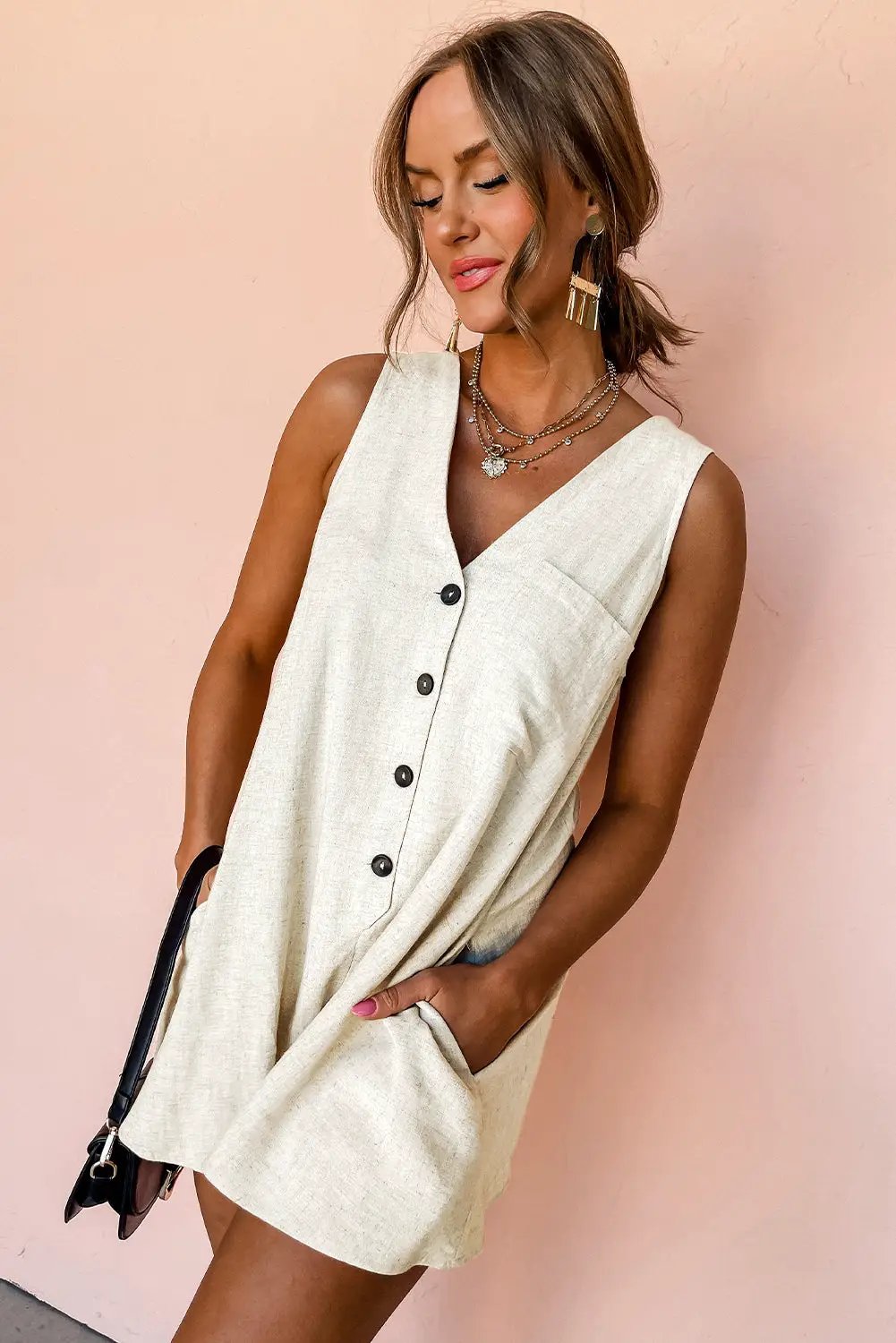 Grateful Threads Boutique Beige Sleeveless V-Neck Romper - One-Pieces Beige V Neck Romper