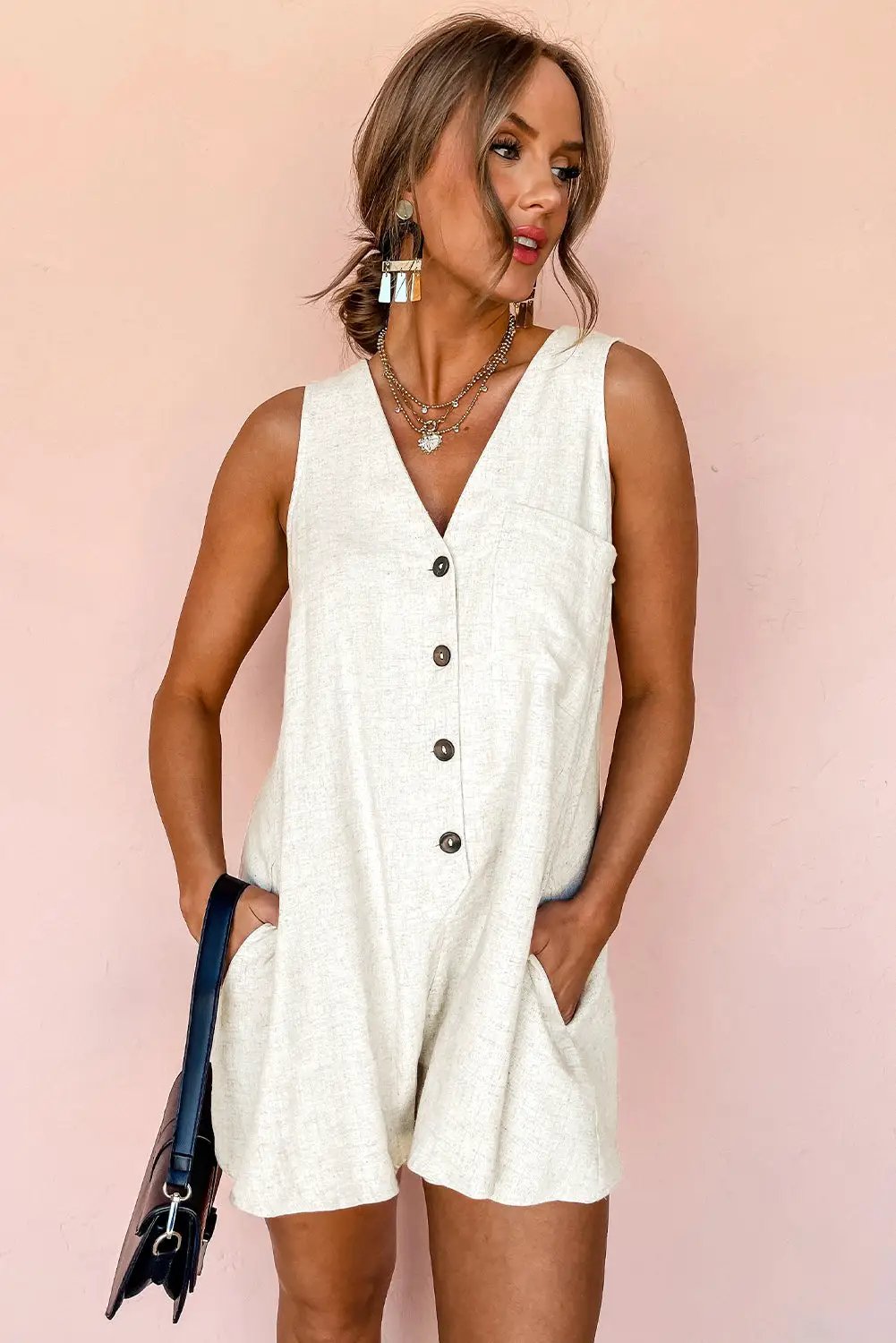 Grateful Threads Boutique Beige Sleeveless V-Neck Romper - One-Pieces Beige V Neck Romper