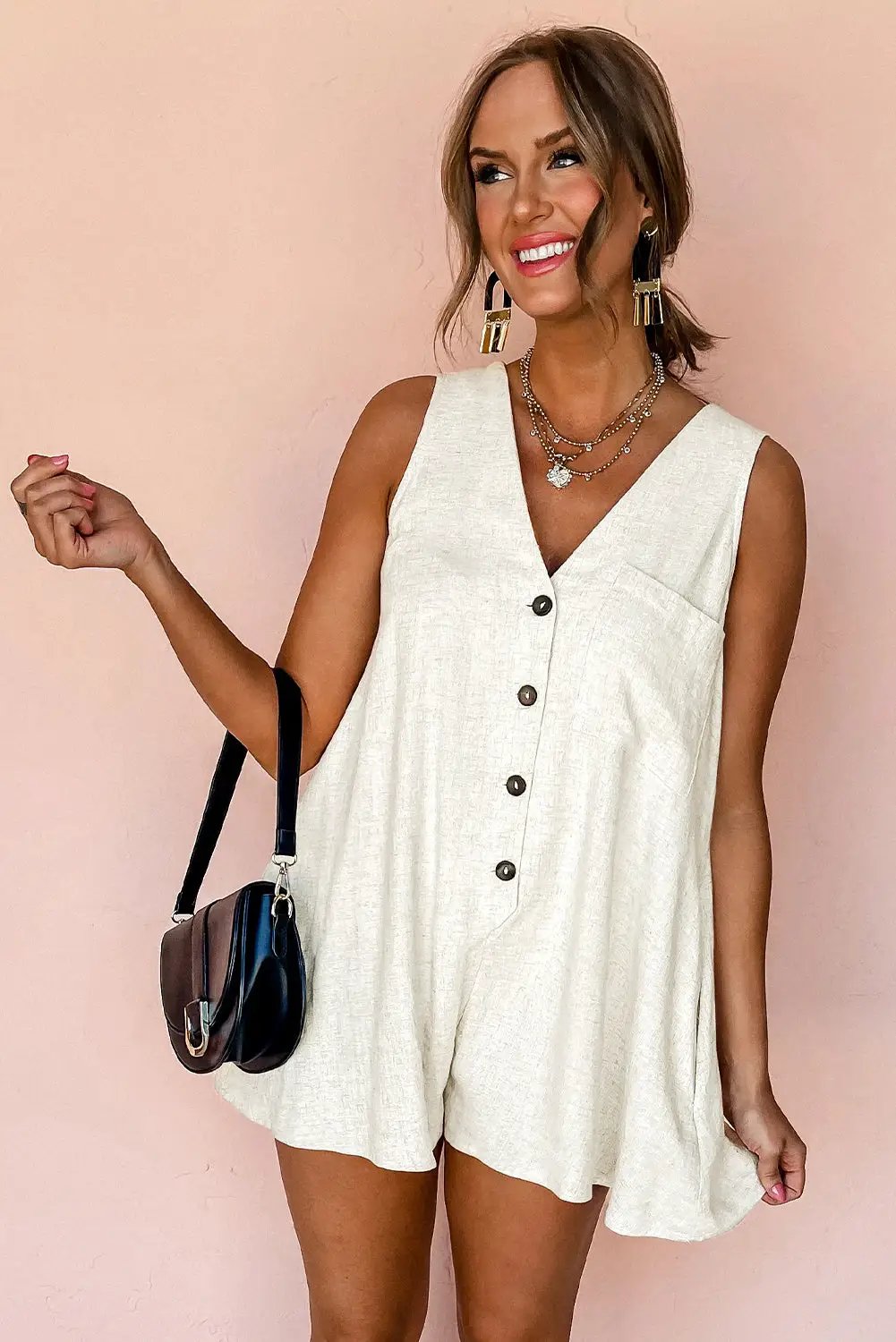 Grateful Threads Boutique Beige Sleeveless V-Neck Romper - One-Pieces Beige V Neck Romper