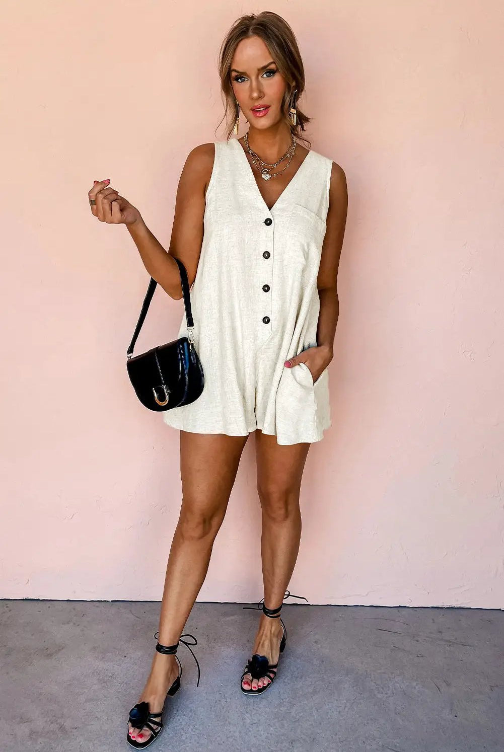 Grateful Threads Boutique Beige Sleeveless V-Neck Romper - One-Pieces Beige V Neck Romper