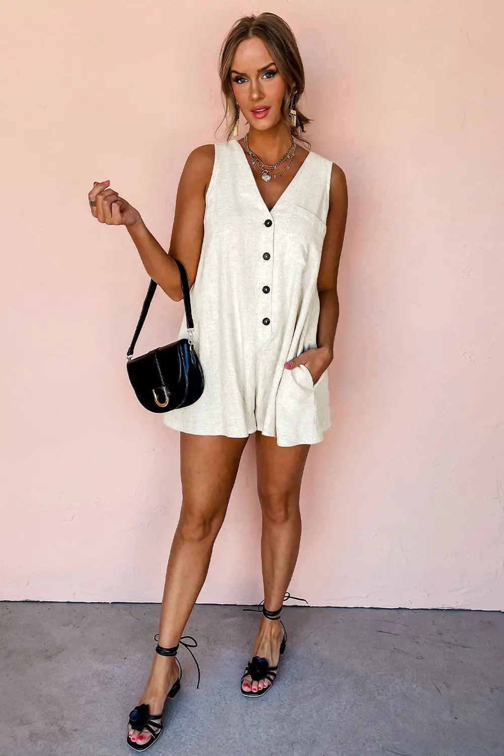Grateful Threads Boutique Beige Sleeveless V-Neck Romper - One-Pieces Beige V Neck Romper