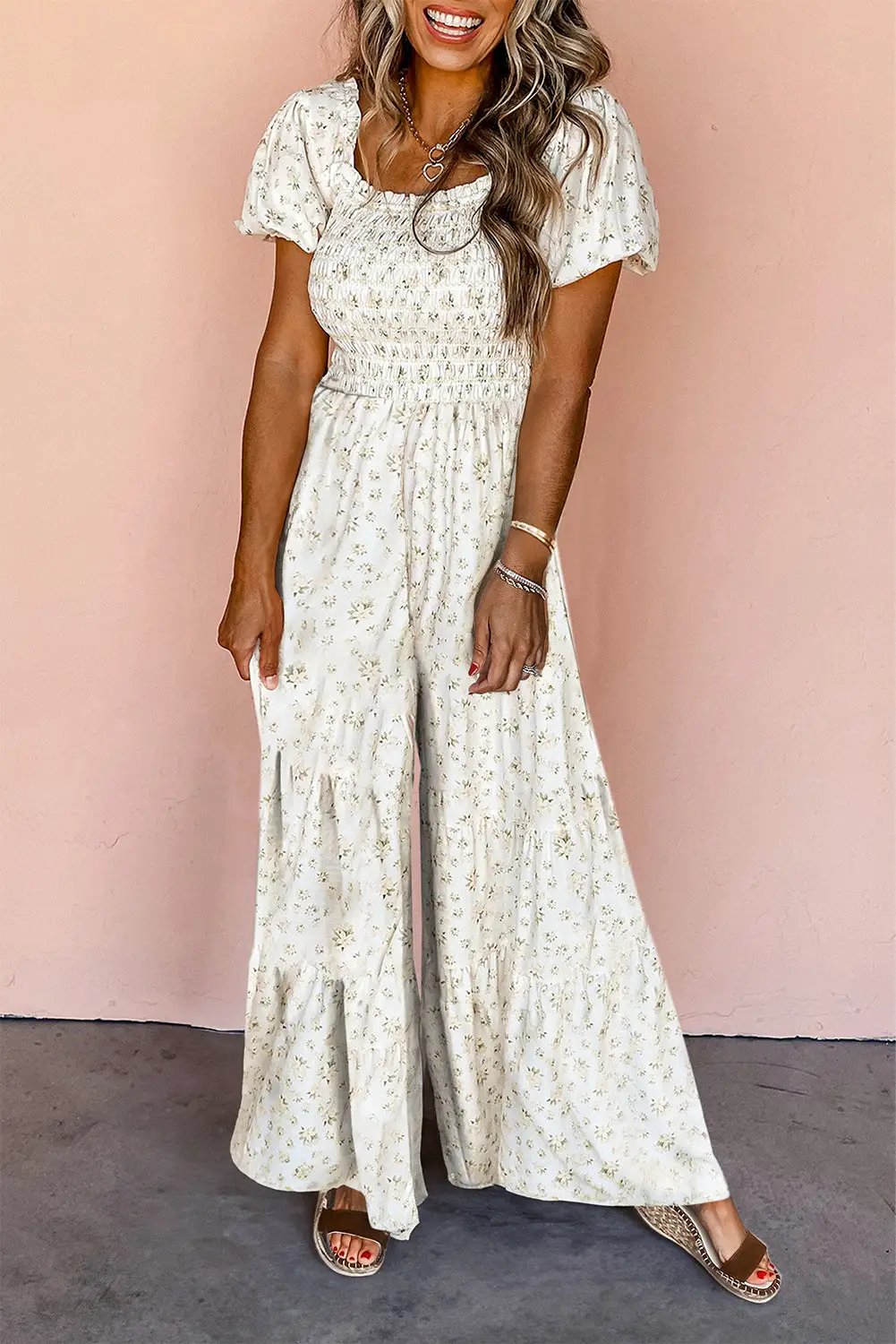 Grateful Threads Boutique White Boho Floral Smocked Puff Sleeve Wide Leg Jumpsuit - One-Pieces