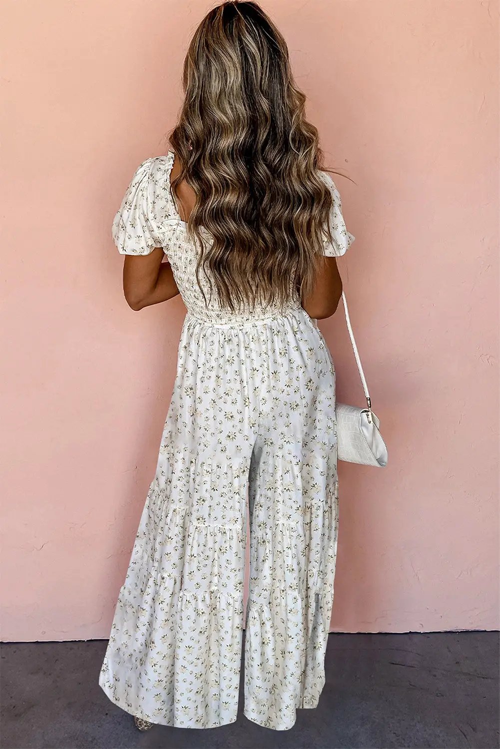 Grateful Threads Boutique White Boho Floral Smocked Puff Sleeve Wide Leg Jumpsuit - One-Pieces