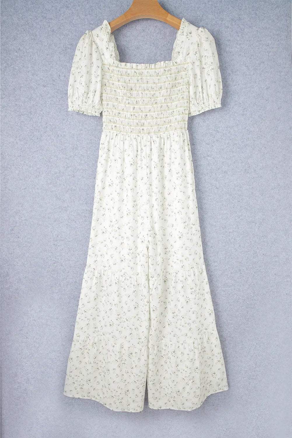 Grateful Threads Boutique White Boho Floral Smocked Puff Sleeve Wide Leg Jumpsuit - One-Pieces