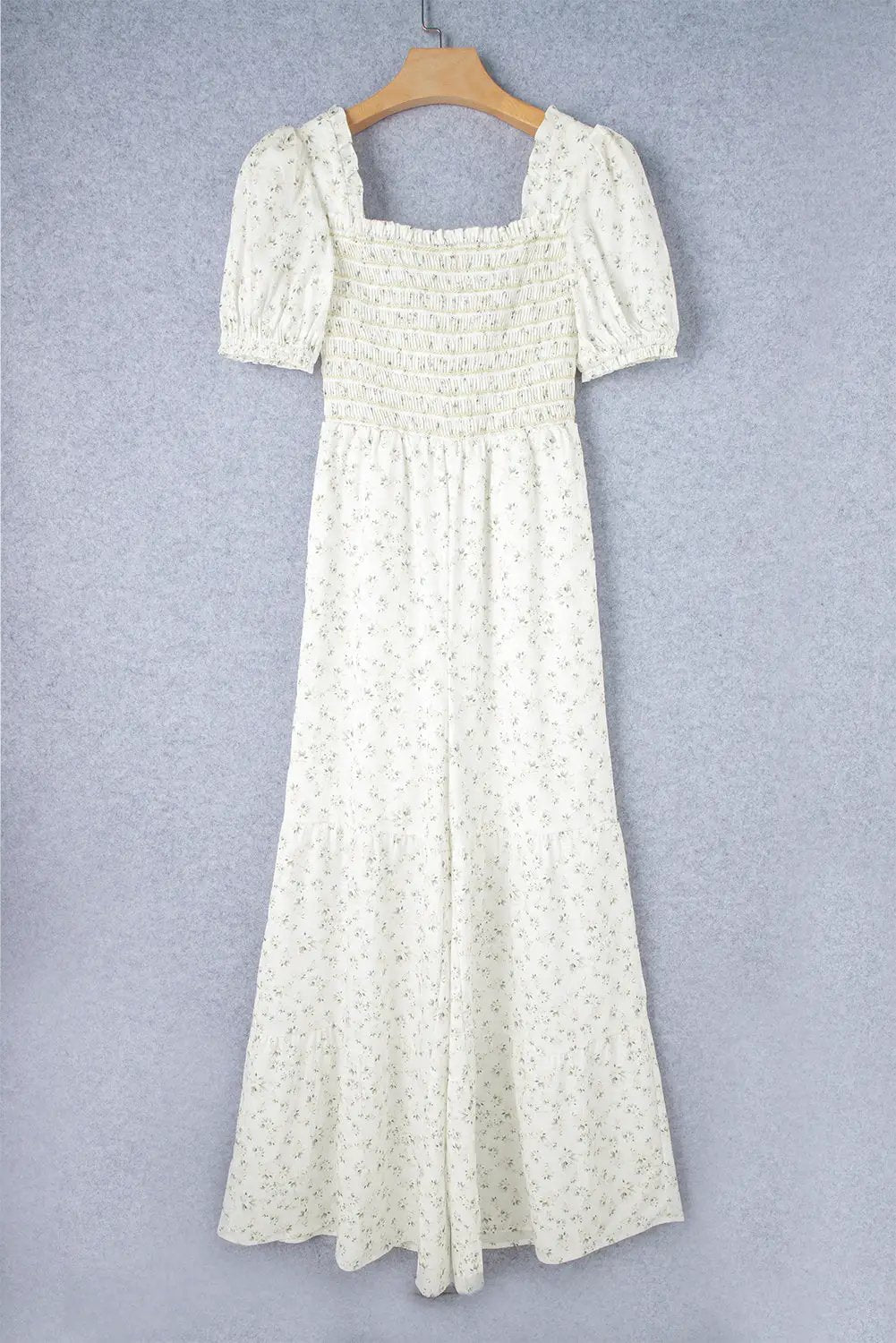 Grateful Threads Boutique White Boho Floral Smocked Puff Sleeve Wide Leg Jumpsuit - One-Pieces