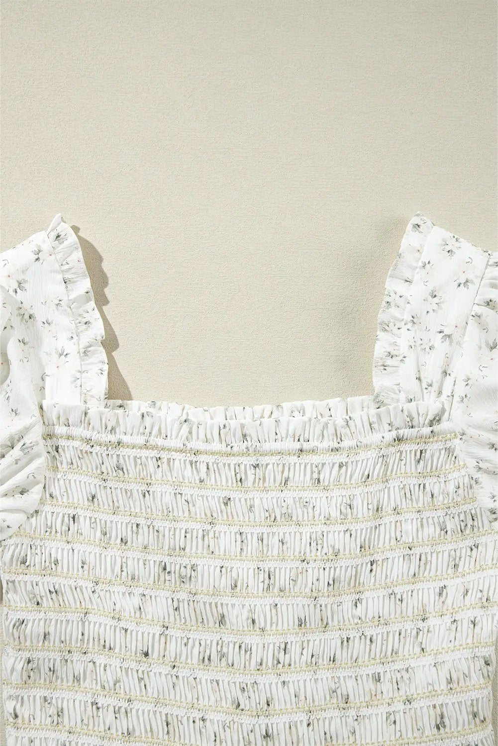 Grateful Threads Boutique White Boho Floral Smocked Puff Sleeve Wide Leg Jumpsuit - One-Pieces