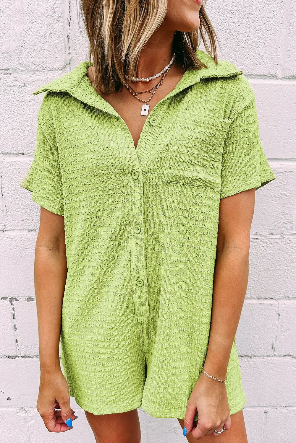 Grateful Threads Boutique Meadow Mist Green Textured Romper – Effortless Style & Comfort - One-Pieces green textured romper