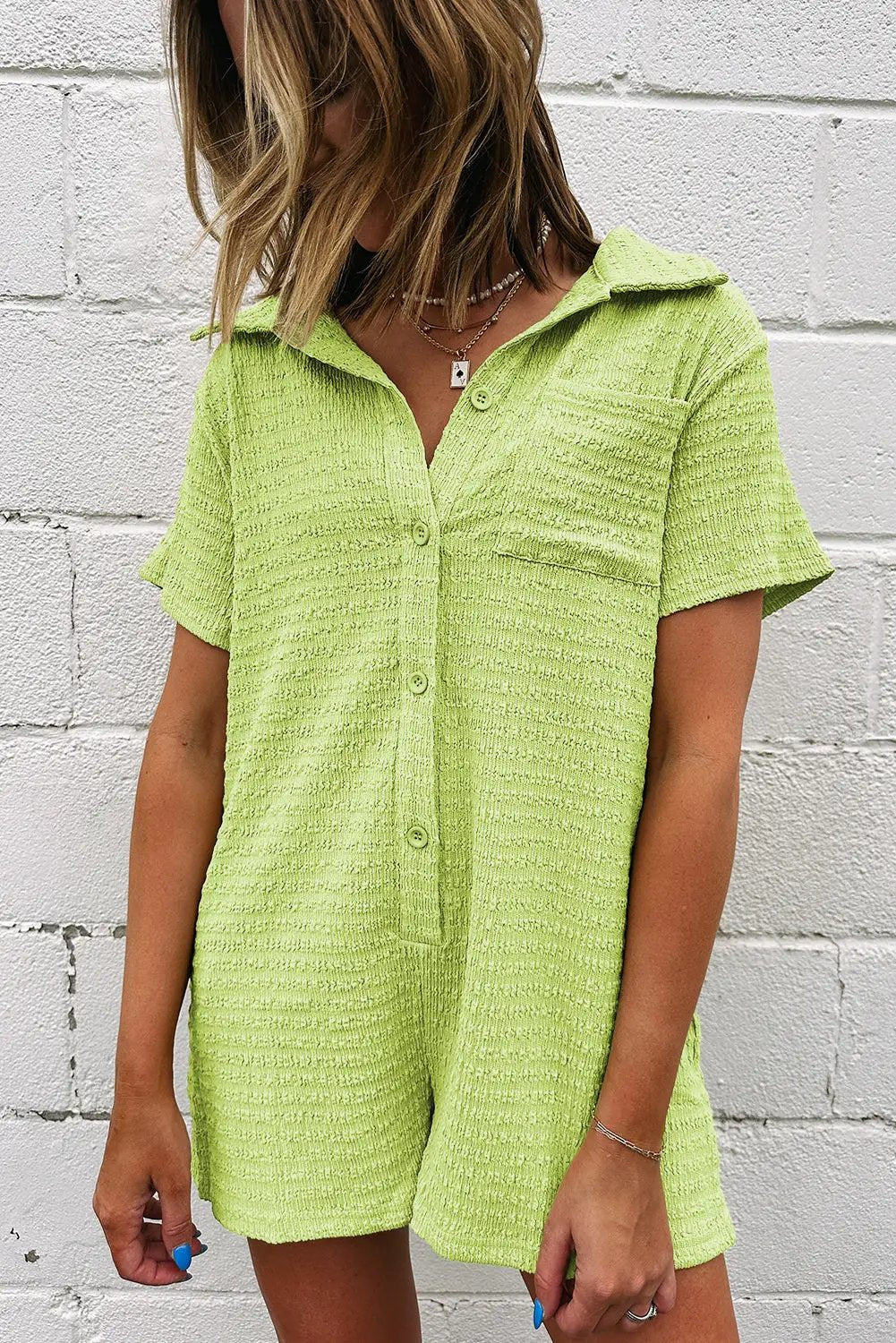 Grateful Threads Boutique Meadow Mist Green Textured Romper – Effortless Style & Comfort - One-Pieces green textured romper