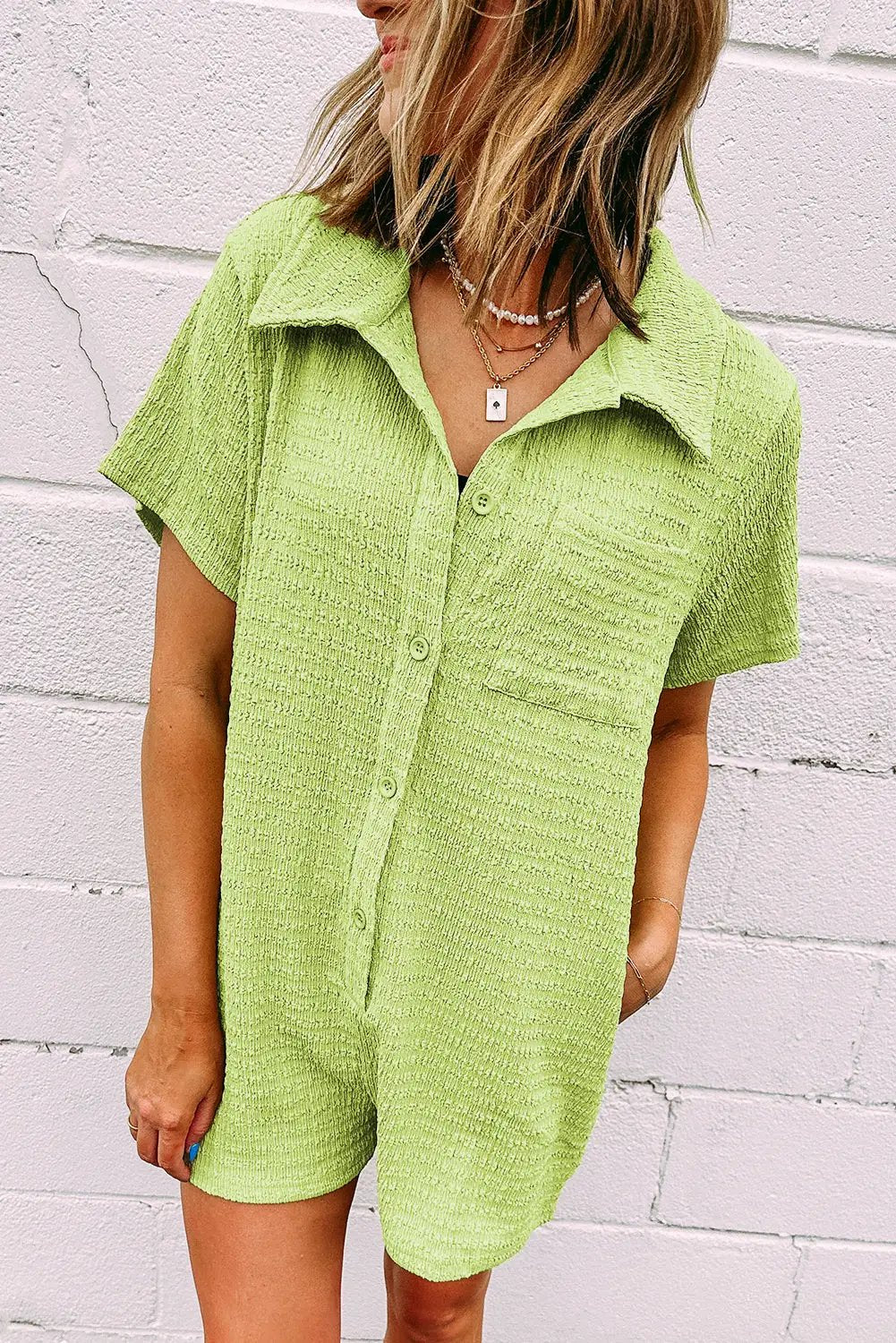 Grateful Threads Boutique Meadow Mist Green Textured Romper – Effortless Style & Comfort - One-Pieces green textured romper