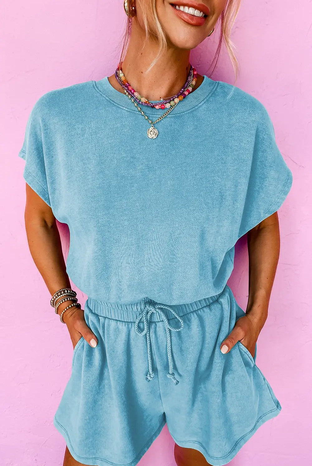 Grateful Threads Boutique Mist Blue Mineral Wash Drawstring Romper – Breezy & Bold - One-Pieces mist blue mineral wash romper