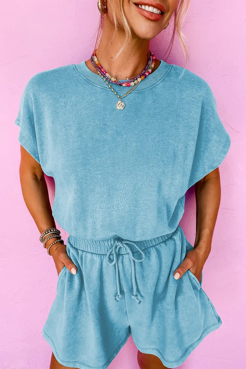 Grateful Threads Boutique Mist Blue Mineral Wash Drawstring Romper – Breezy & Bold - One-Pieces mist blue mineral wash romper