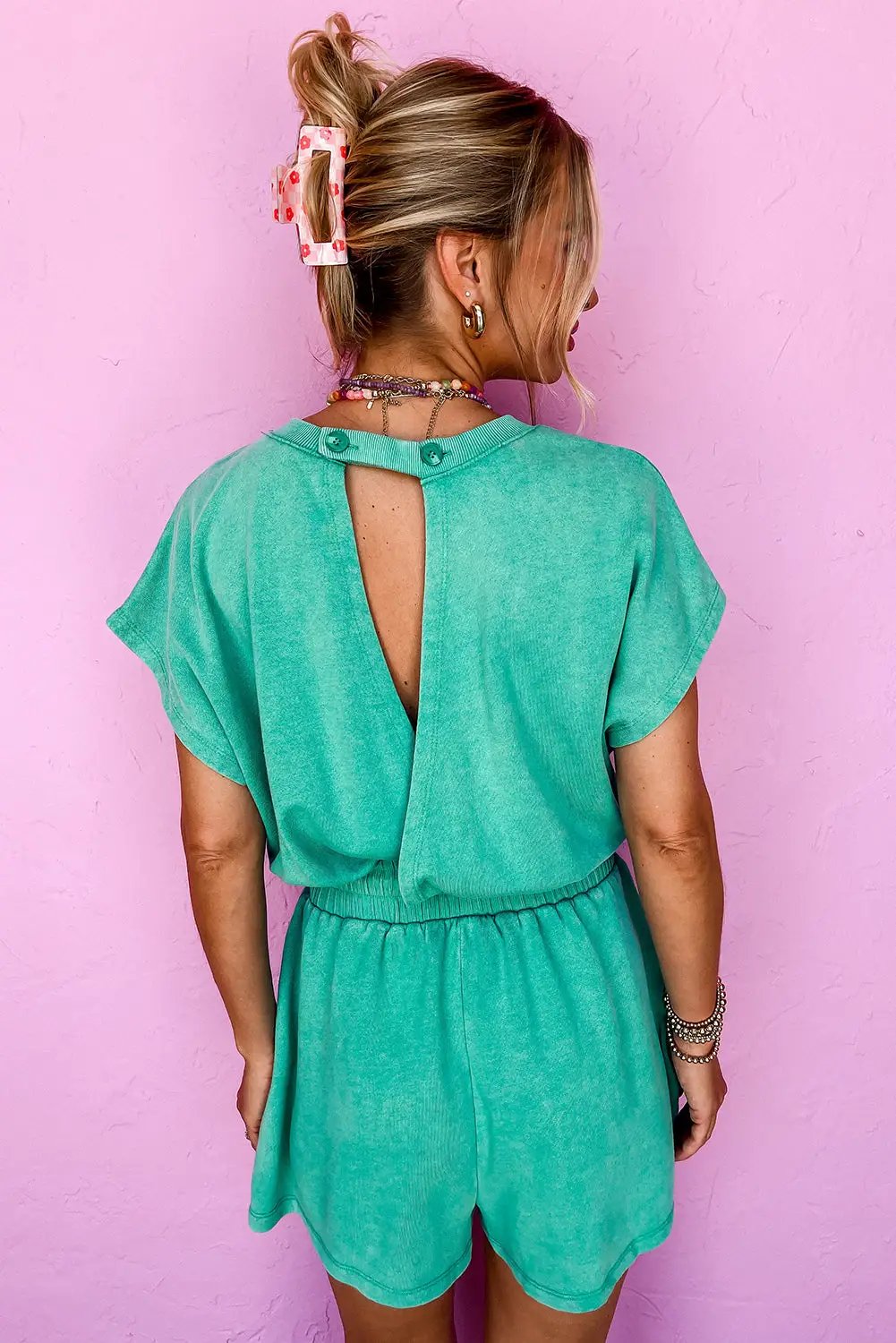 Grateful Threads Boutique Sea Green Mineral Wash Drawstring Romper – Effortlessly Cool - One-Pieces Drawstring waist hollow out short sleeve romper
