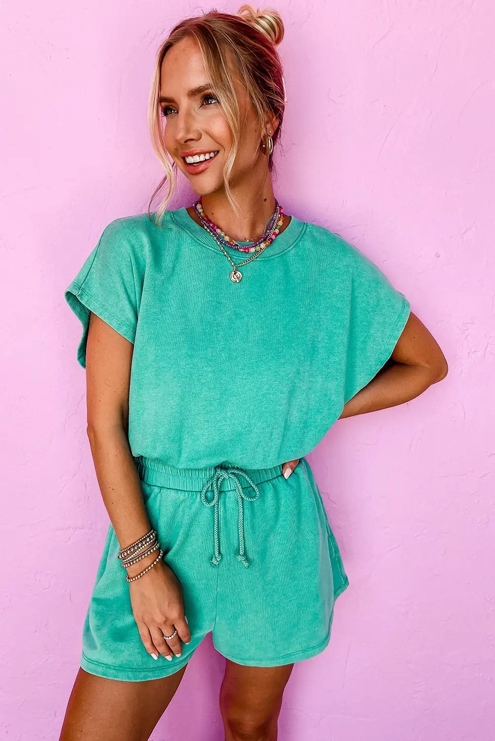 Grateful Threads Boutique Sea Green Mineral Wash Drawstring Romper – Effortlessly Cool - One-Pieces Drawstring waist hollow out short sleeve romper