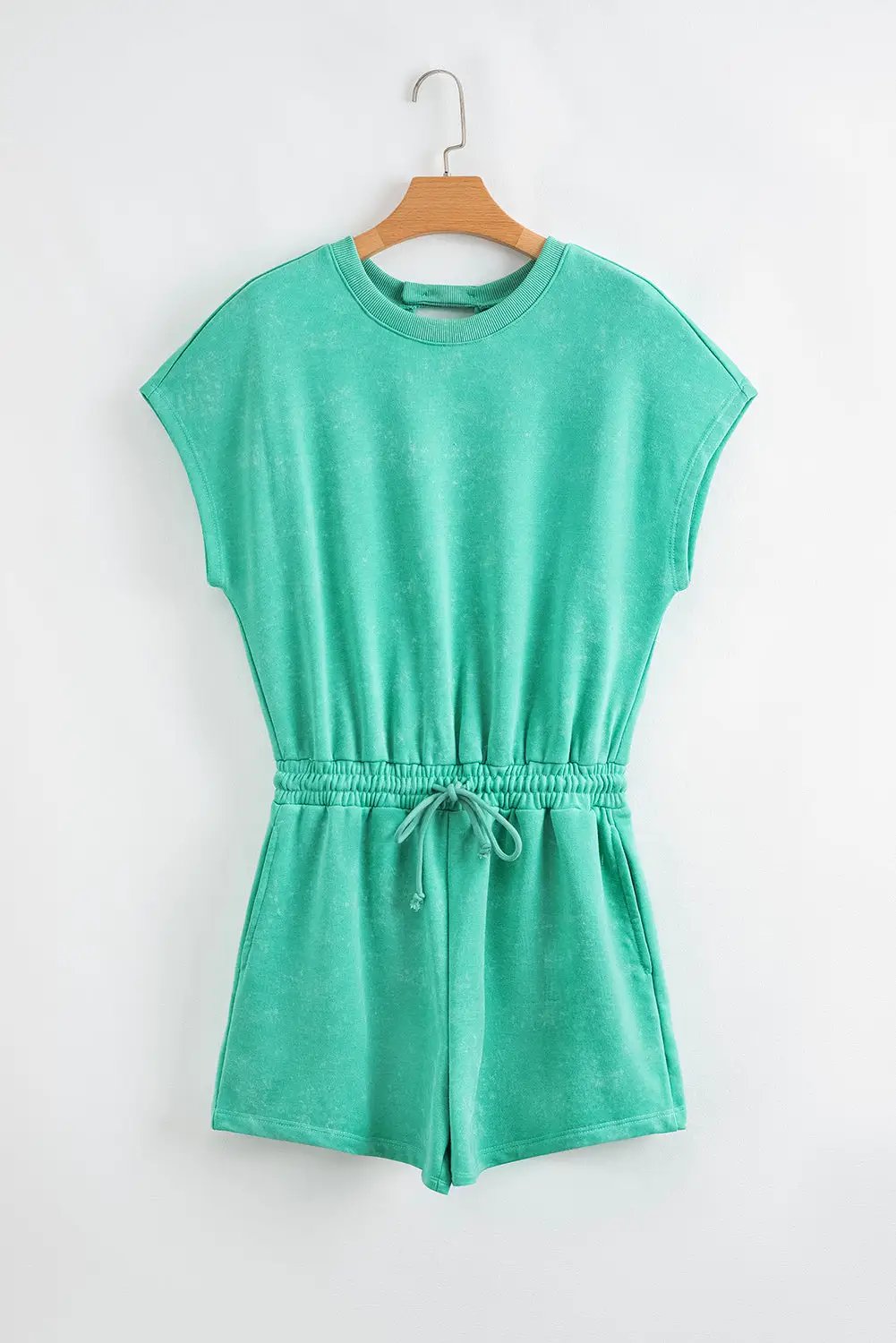 Grateful Threads Boutique Sea Green Mineral Wash Drawstring Romper – Effortlessly Cool - One-Pieces Drawstring waist hollow out short sleeve romper