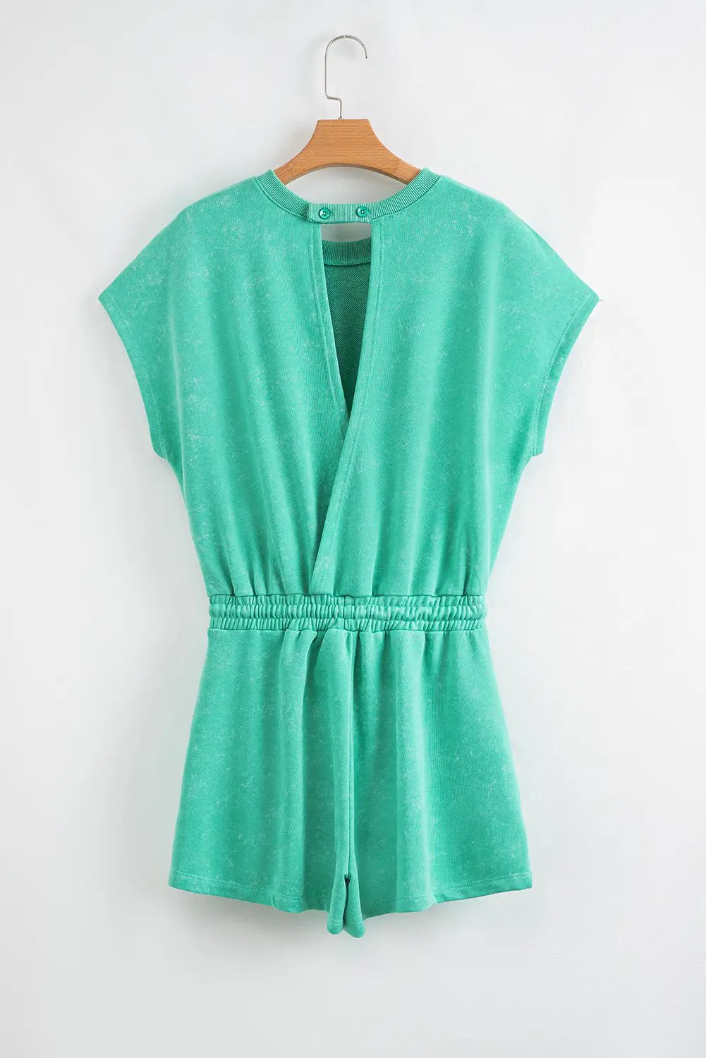 Grateful Threads Boutique Sea Green Mineral Wash Drawstring Romper – Effortlessly Cool - One-Pieces Drawstring waist hollow out short sleeve romper