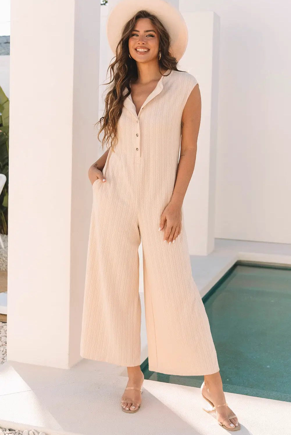 Grateful Threads Boutique Textured Buttoned Wide Leg Sleeveless Jumpsuit – Smoke Gray Chic - One-Pieces gray wide leg sleeveless jumpsuit