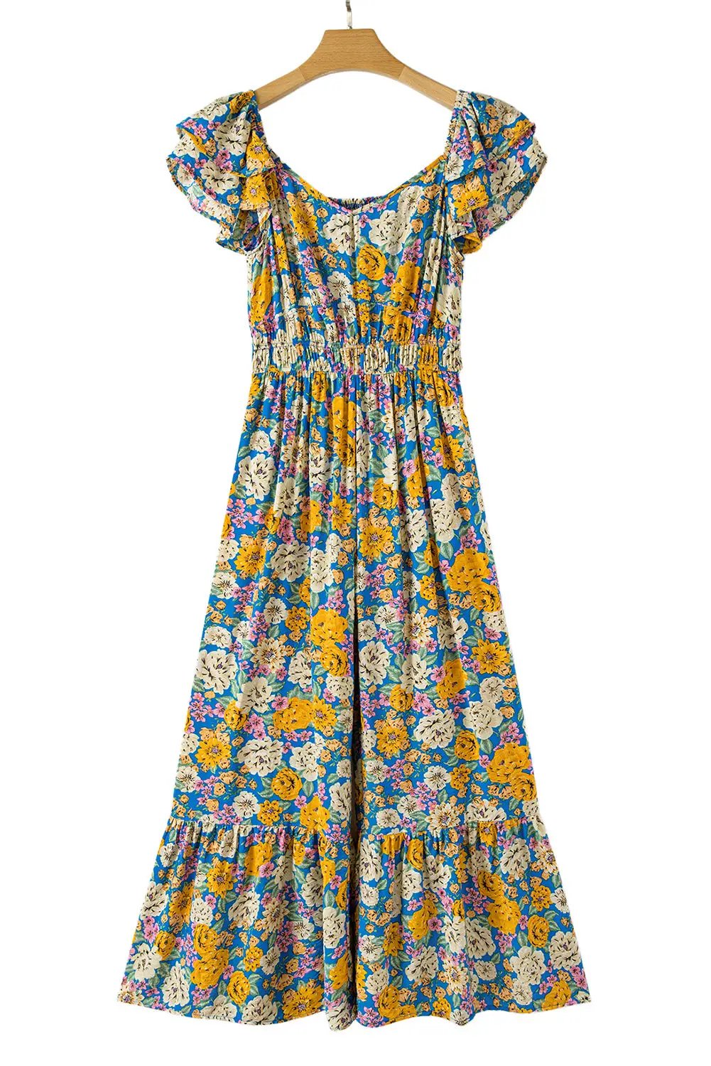 Grateful Threads Boutique The Golden Bloom Flutter Sleeve Jumpsuit - One-Pieces Yellow Floral Allover Print Shirred Cut Out High Waist Jumpsuit
