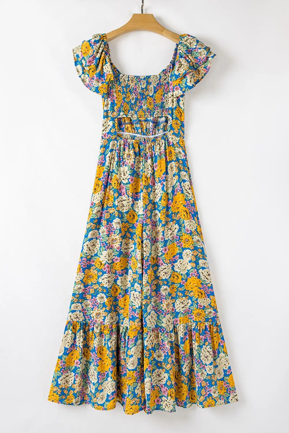 Grateful Threads Boutique The Golden Bloom Flutter Sleeve Jumpsuit - One-Pieces Yellow Floral Allover Print Shirred Cut Out High Waist Jumpsuit