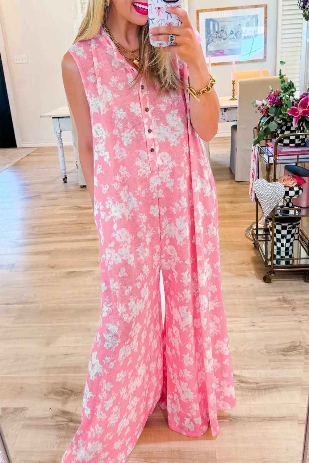 Grateful Threads Boutique Pink Floral Print Wide Leg Sleeveless Jumpsuit – Fresh & Flirty - One-Pieces Pink Floral Print Half Button Wide Leg Relaxed Sleeveless Jumpsuit