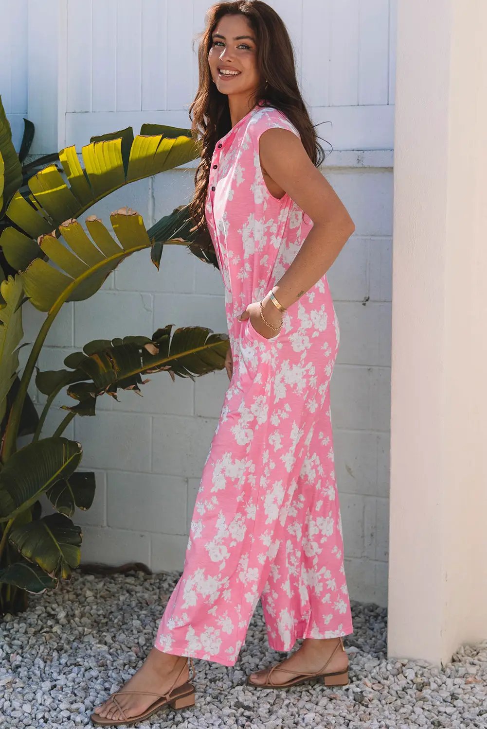 Grateful Threads Boutique Pink Floral Print Wide Leg Sleeveless Jumpsuit – Fresh & Flirty - One-Pieces Pink Floral Print Half Button Wide Leg Relaxed Sleeveless Jumpsuit