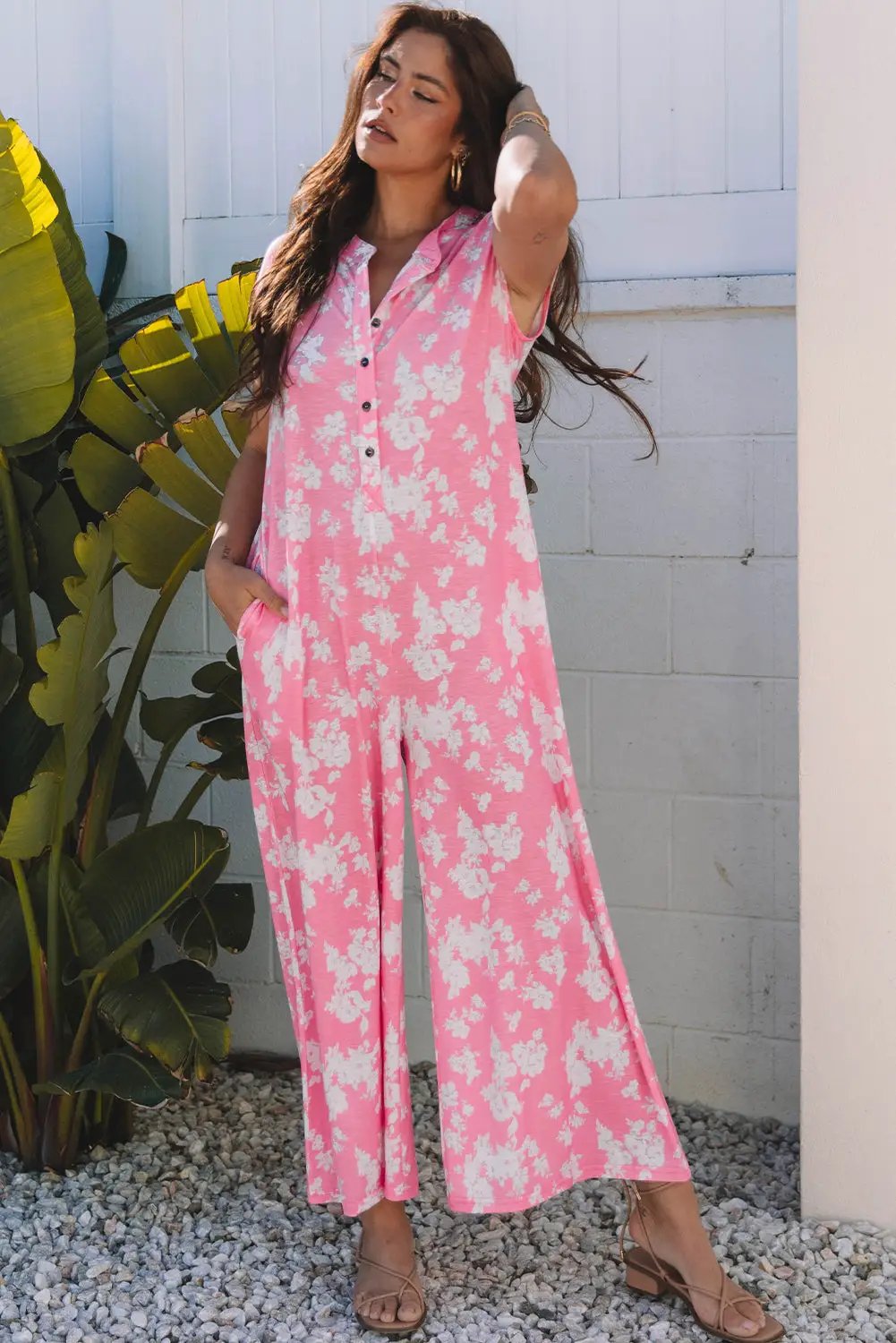 Grateful Threads Boutique Pink Floral Print Wide Leg Sleeveless Jumpsuit – Fresh & Flirty - One-Pieces Pink Floral Print Half Button Wide Leg Relaxed Sleeveless Jumpsuit