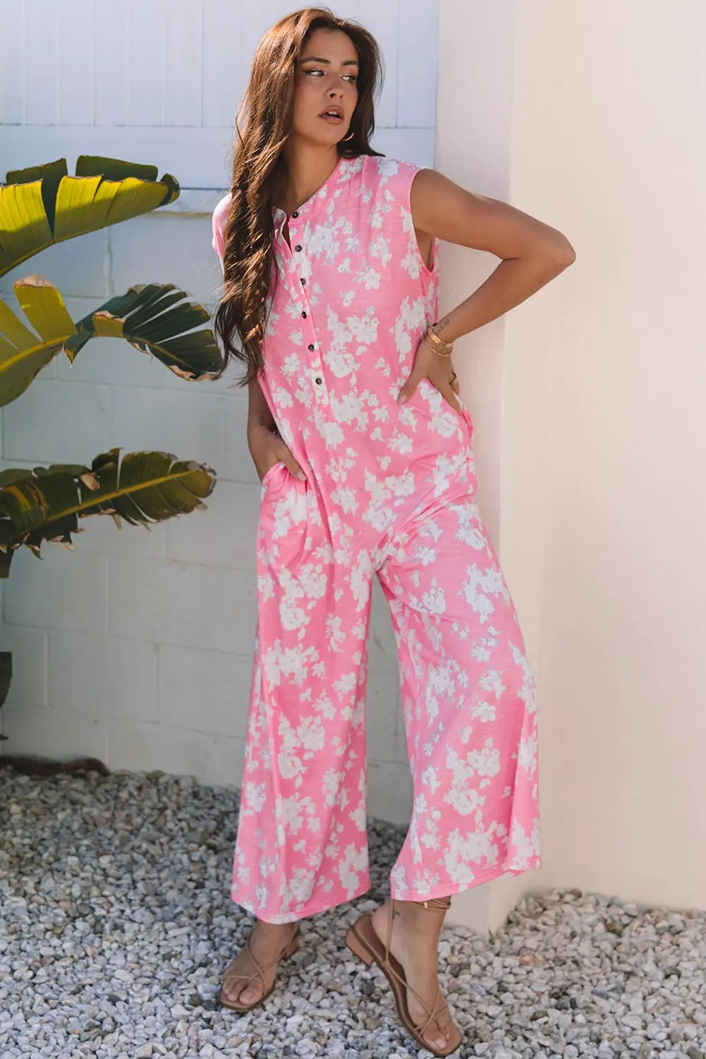 Grateful Threads Boutique Pink Floral Print Wide Leg Sleeveless Jumpsuit – Fresh & Flirty - One-Pieces Pink Floral Print Half Button Wide Leg Relaxed Sleeveless Jumpsuit