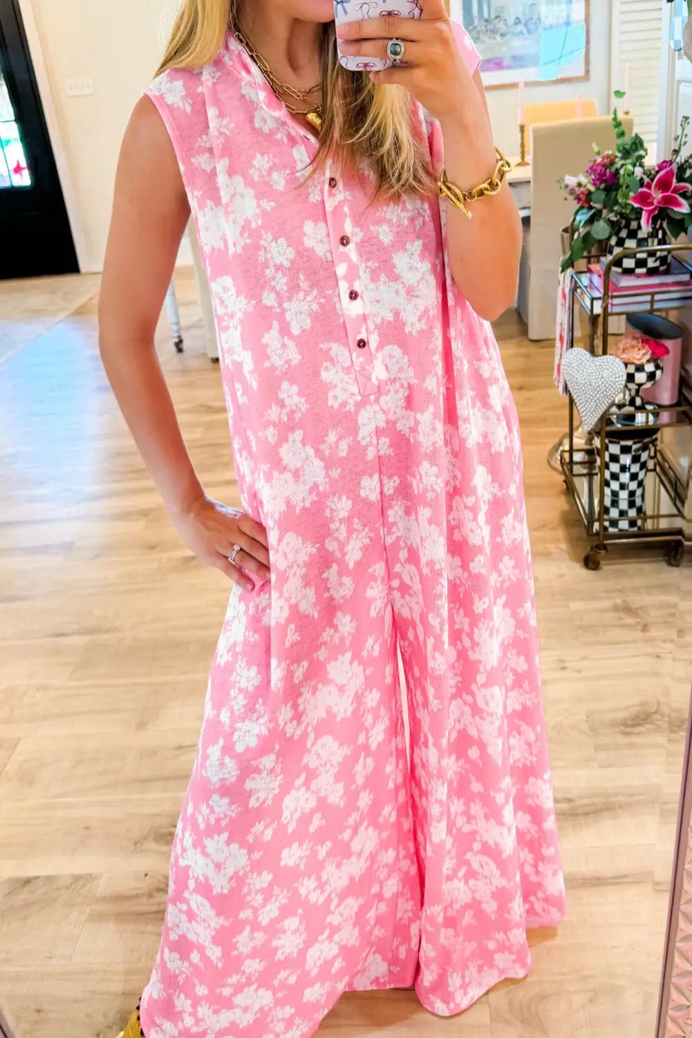 Grateful Threads Boutique Pink Floral Print Wide Leg Sleeveless Jumpsuit – Fresh & Flirty - One-Pieces Pink Floral Print Half Button Wide Leg Relaxed Sleeveless Jumpsuit