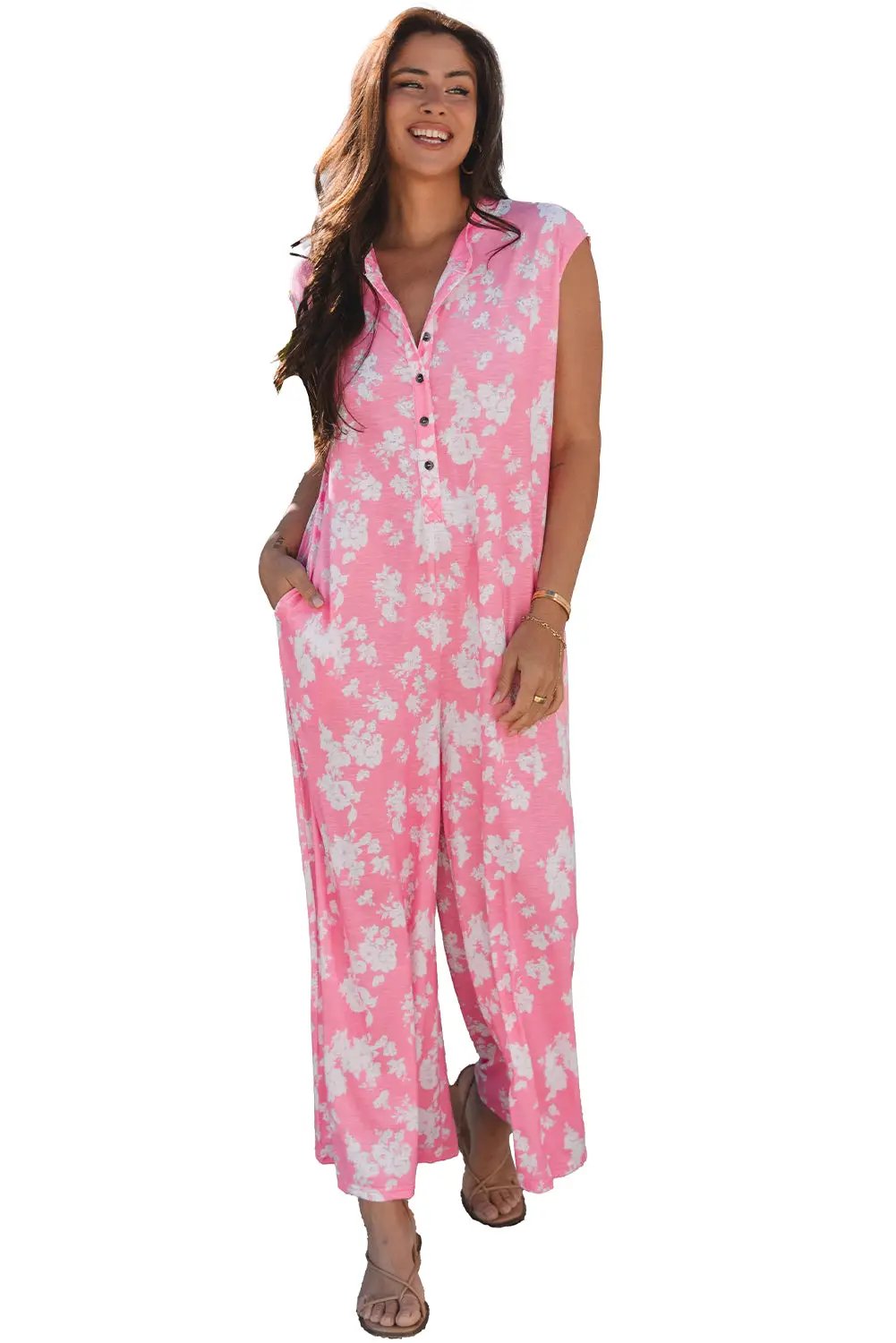 Grateful Threads Boutique Pink Floral Print Wide Leg Sleeveless Jumpsuit – Fresh & Flirty - One-Pieces Pink Floral Print Half Button Wide Leg Relaxed Sleeveless Jumpsuit
