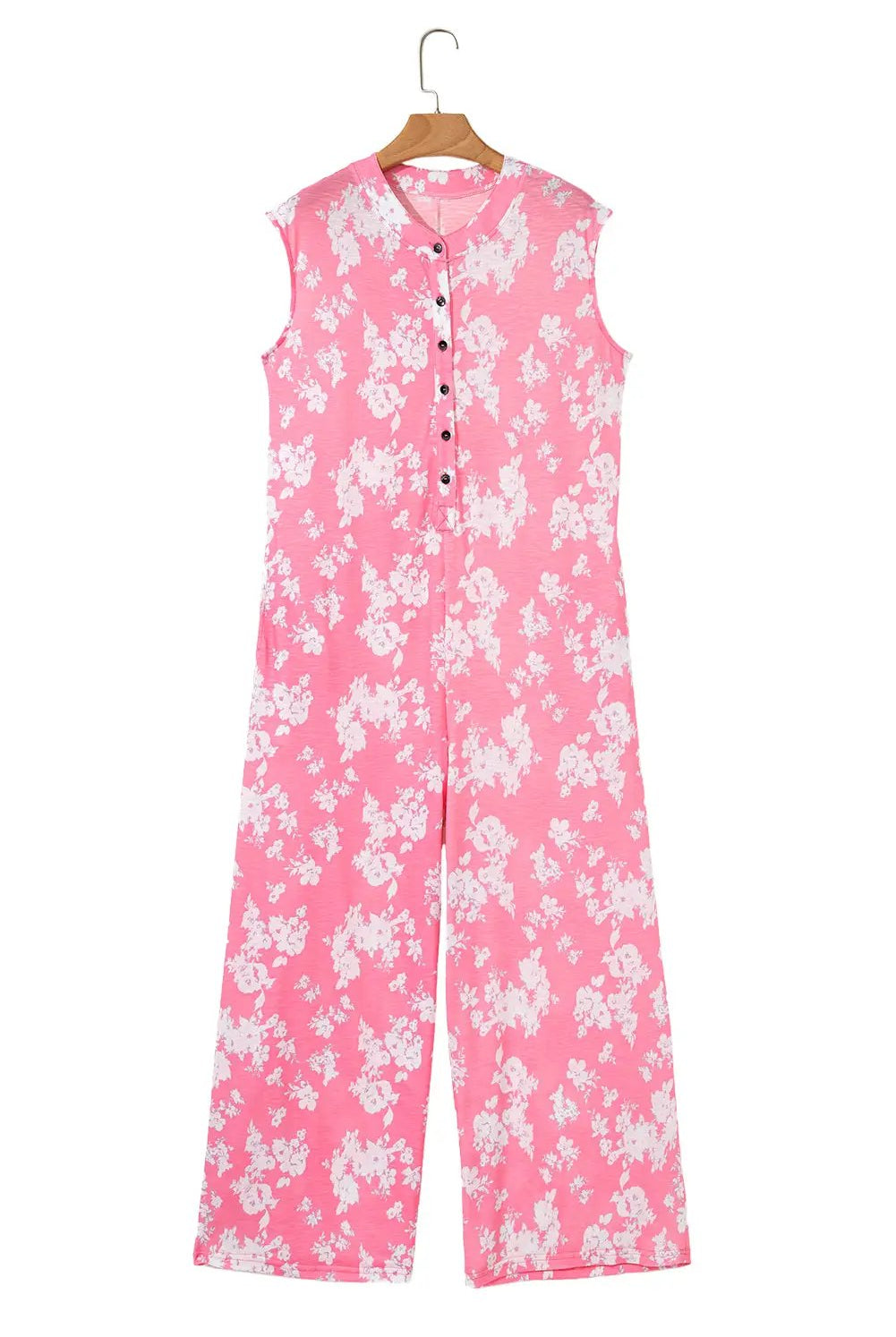 Grateful Threads Boutique Pink Floral Print Wide Leg Sleeveless Jumpsuit – Fresh & Flirty - One-Pieces Pink Floral Print Half Button Wide Leg Relaxed Sleeveless Jumpsuit