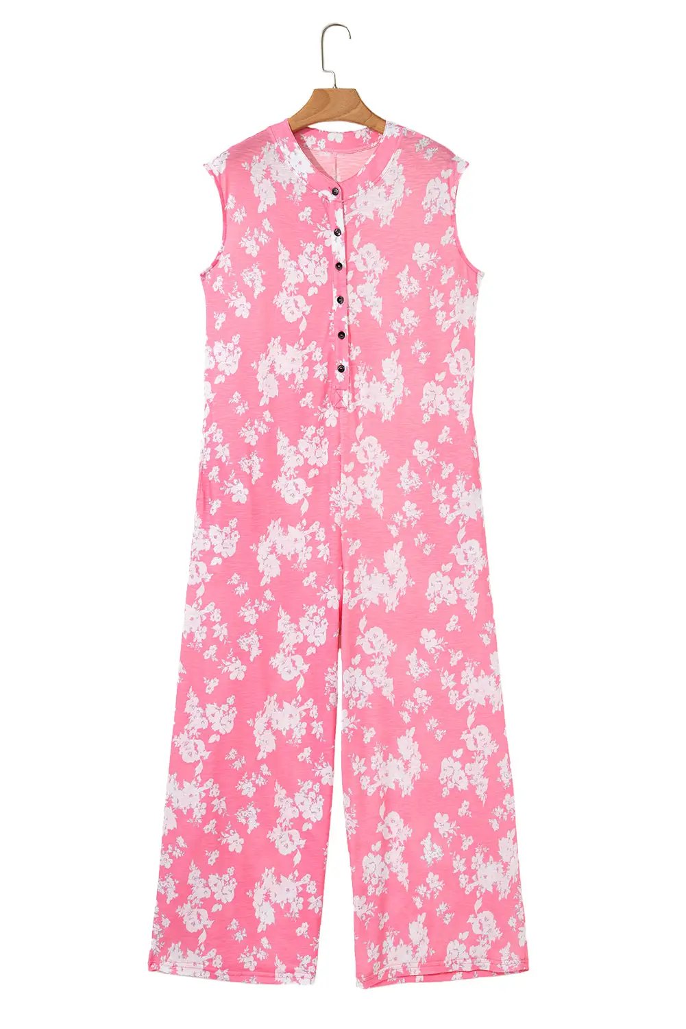 Grateful Threads Boutique Pink Floral Print Wide Leg Sleeveless Jumpsuit – Fresh & Flirty - One-Pieces Pink Floral Print Half Button Wide Leg Relaxed Sleeveless Jumpsuit