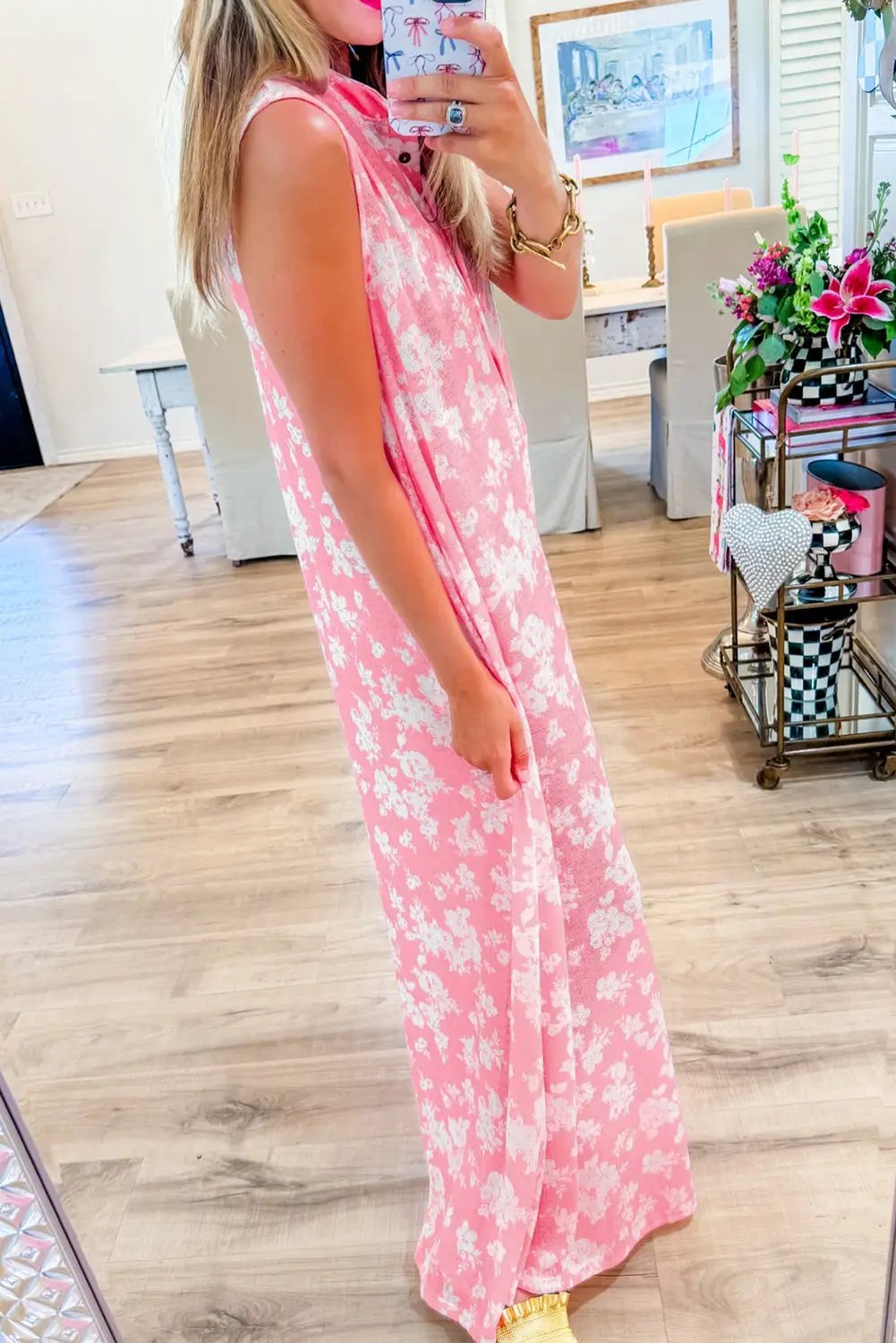 Grateful Threads Boutique Pink Floral Print Wide Leg Sleeveless Jumpsuit – Fresh & Flirty - One-Pieces Pink Floral Print Half Button Wide Leg Relaxed Sleeveless Jumpsuit