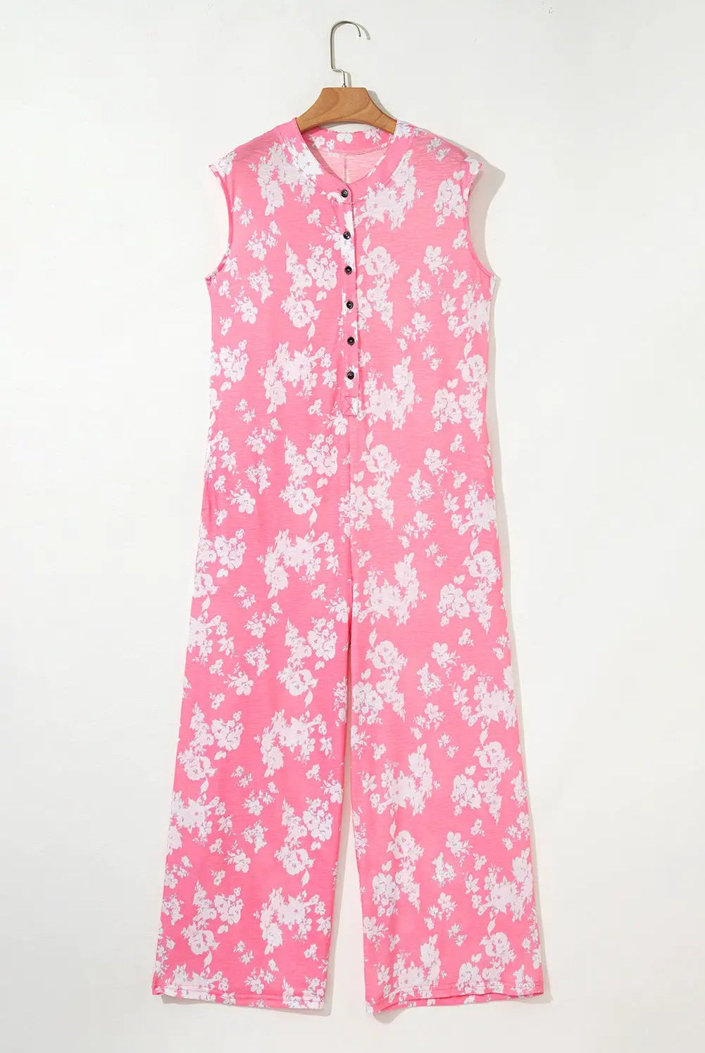 Grateful Threads Boutique Pink Floral Print Wide Leg Sleeveless Jumpsuit – Fresh & Flirty - One-Pieces Pink Floral Print Half Button Wide Leg Relaxed Sleeveless Jumpsuit