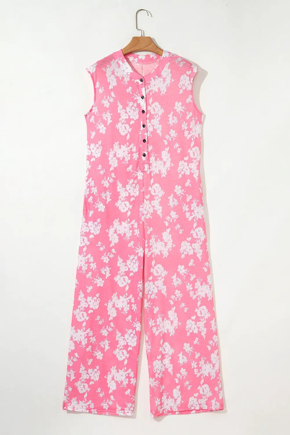 Grateful Threads Boutique Pink Floral Print Wide Leg Sleeveless Jumpsuit – Fresh & Flirty - One-Pieces Pink Floral Print Half Button Wide Leg Relaxed Sleeveless Jumpsuit