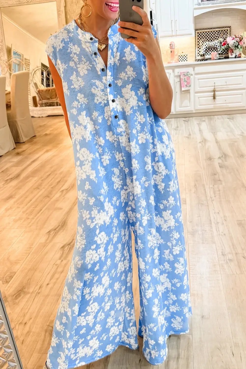 Grateful Threads Boutique Blue Floral Print Wide Leg Jumpsuit – Effortless Style & Comfort - One-Pieces wide leg blue floral jumpsuit