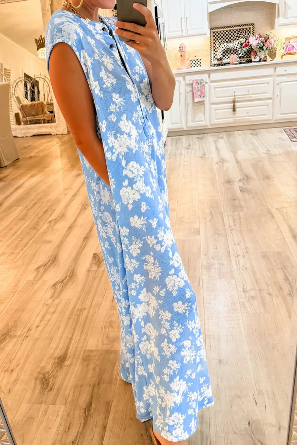 Grateful Threads Boutique Blue Floral Print Wide Leg Jumpsuit – Effortless Style & Comfort - One-Pieces wide leg blue floral jumpsuit