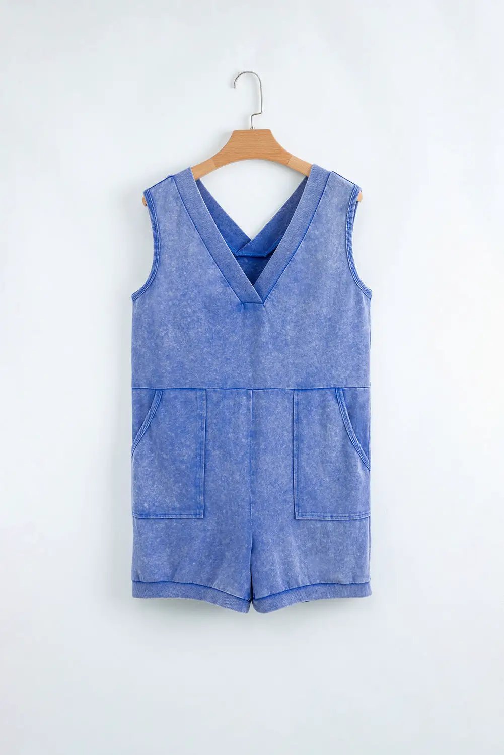 Grateful Threads Boutique Sky Blue Mineral Wash Sleeveless Pocket Romper – Easygoing Chic - One-Pieces Sky Blue Mineral Wash Pocketed Sleeveless V Neck Loose Romper