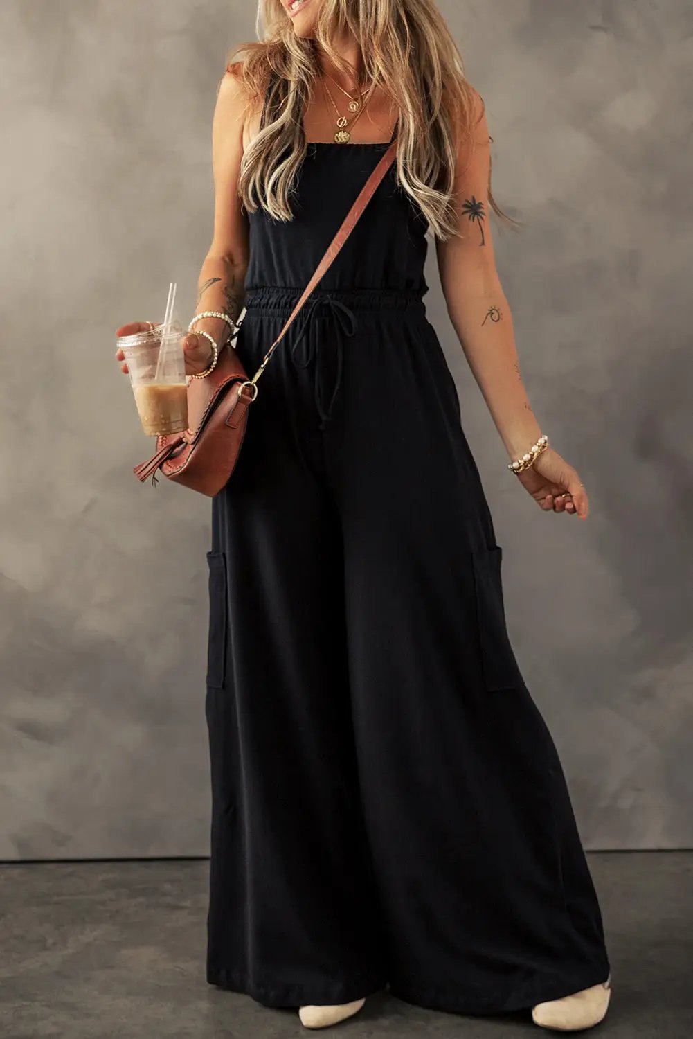 Grateful Threads Boutique Black Drawstring Wide Leg Cargo Pockets Sleeveless Jumpsuit - One-Pieces Black Drawstring Wide Leg Cargo Pockets Sleeveless Jumpsuit