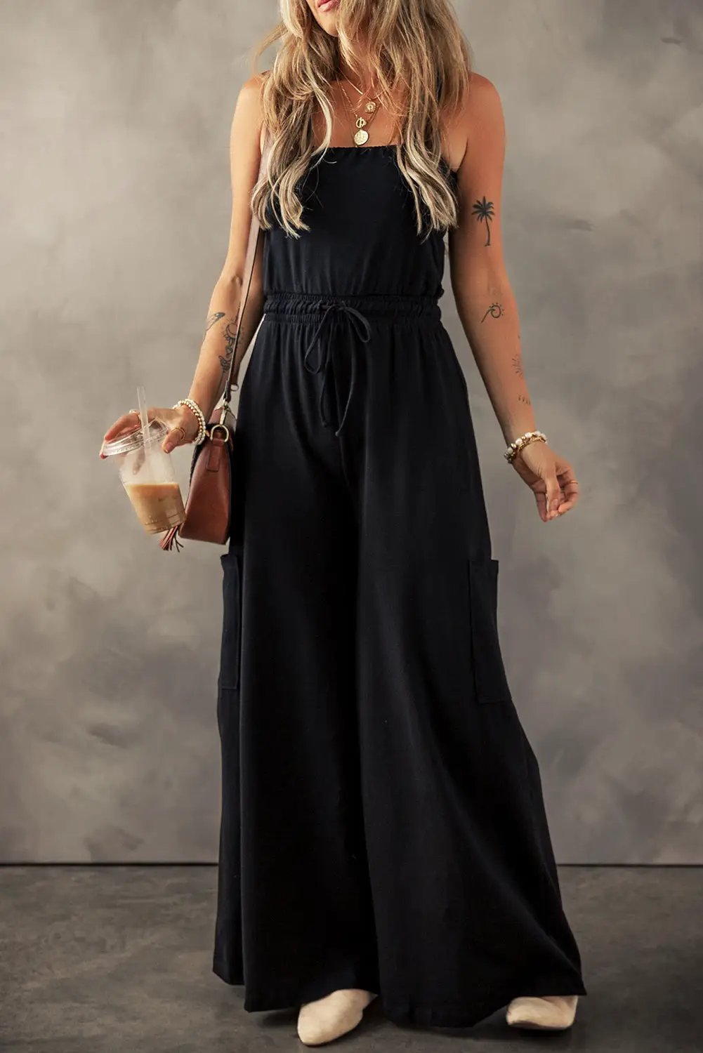Grateful Threads Boutique Black Drawstring Wide Leg Cargo Pockets Sleeveless Jumpsuit - One-Pieces Black Drawstring Wide Leg Cargo Pockets Sleeveless Jumpsuit