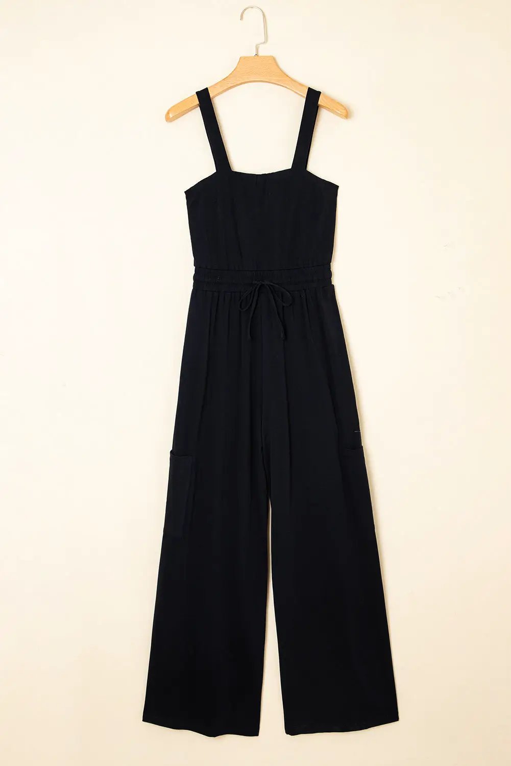 Grateful Threads Boutique Black Drawstring Wide Leg Cargo Pockets Sleeveless Jumpsuit - One-Pieces Black Drawstring Wide Leg Cargo Pockets Sleeveless Jumpsuit