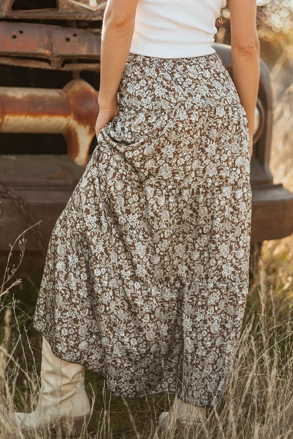 Grateful Threads Boutique Brown Western Floral Print Ruffled Hem High Waist Loose Maxi Skirt - Skirts Brown Western Floral Print Ruffled Hem High Waist Loose Maxi Skirt