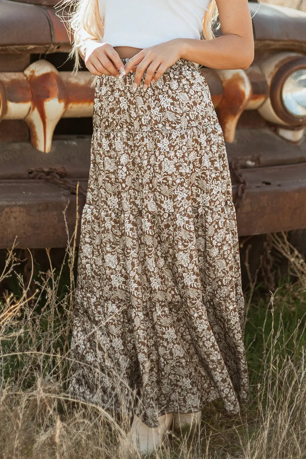 Grateful Threads Boutique Brown Western Floral Print Ruffled Hem High Waist Loose Maxi Skirt - Skirts Brown Western Floral Print Ruffled Hem High Waist Loose Maxi Skirt