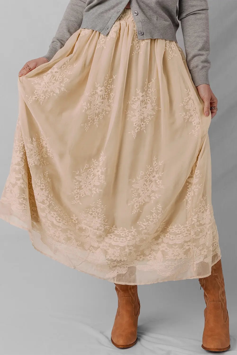 Grateful Threads Boutique Oatmeal Embroidered Mesh Overlay Flowy Long Skirt - Skirts Oatmeal Embroidered Mesh Overlay Flowy Long Skirt