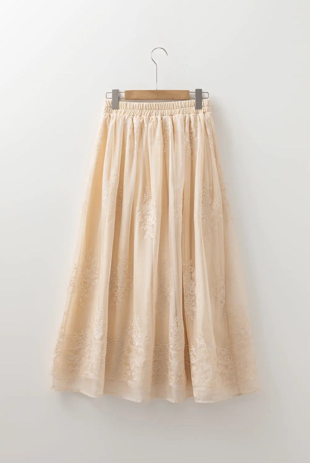 Grateful Threads Boutique Oatmeal Embroidered Mesh Overlay Flowy Long Skirt - Skirts Oatmeal Embroidered Mesh Overlay Flowy Long Skirt