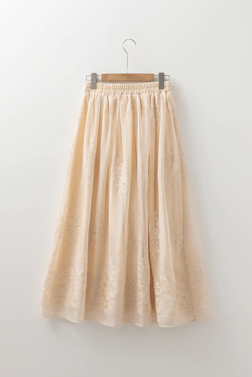 Grateful Threads Boutique Oatmeal Embroidered Mesh Overlay Flowy Long Skirt - Skirts Oatmeal Embroidered Mesh Overlay Flowy Long Skirt
