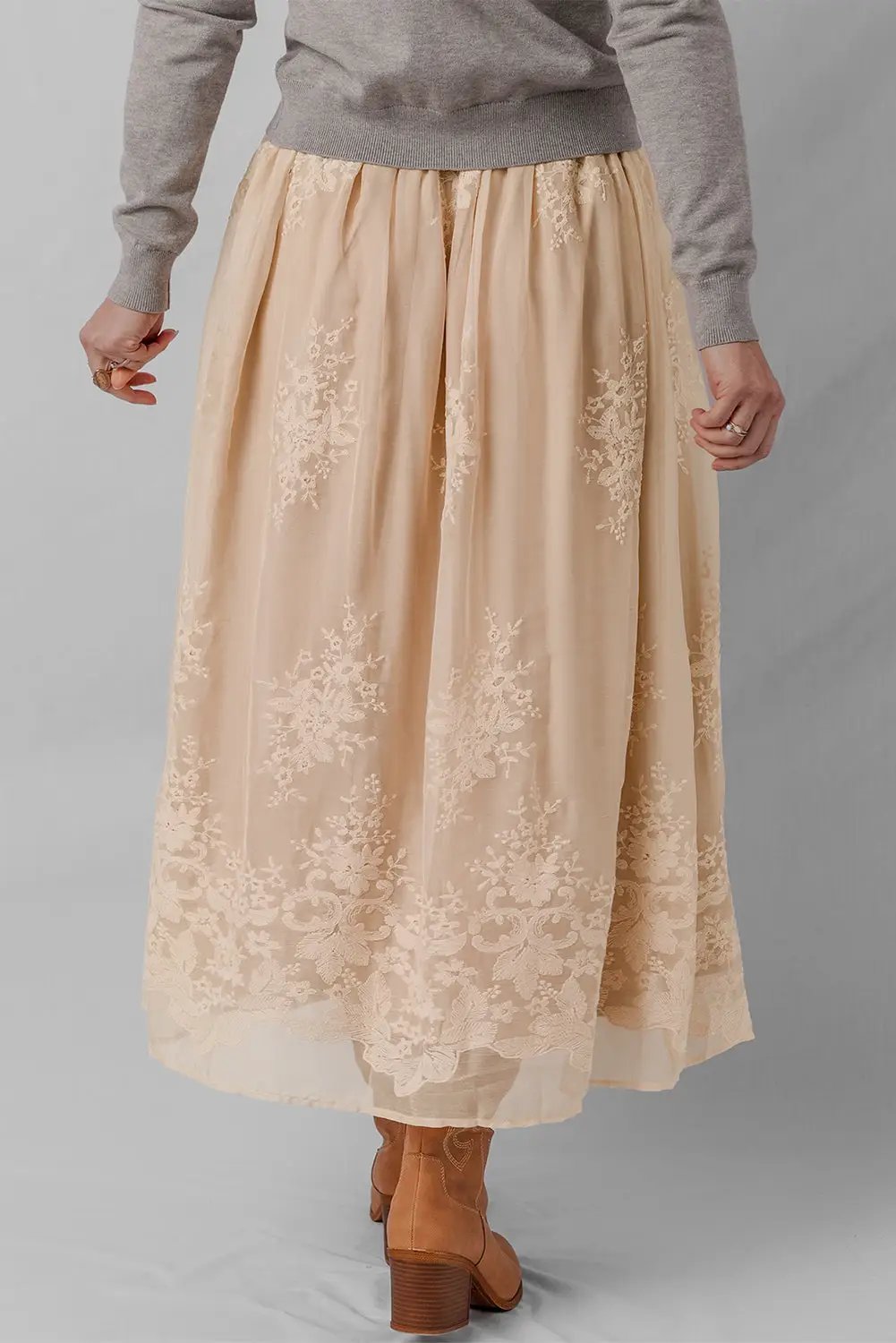 Grateful Threads Boutique Oatmeal Embroidered Mesh Overlay Flowy Long Skirt - Skirts Oatmeal Embroidered Mesh Overlay Flowy Long Skirt