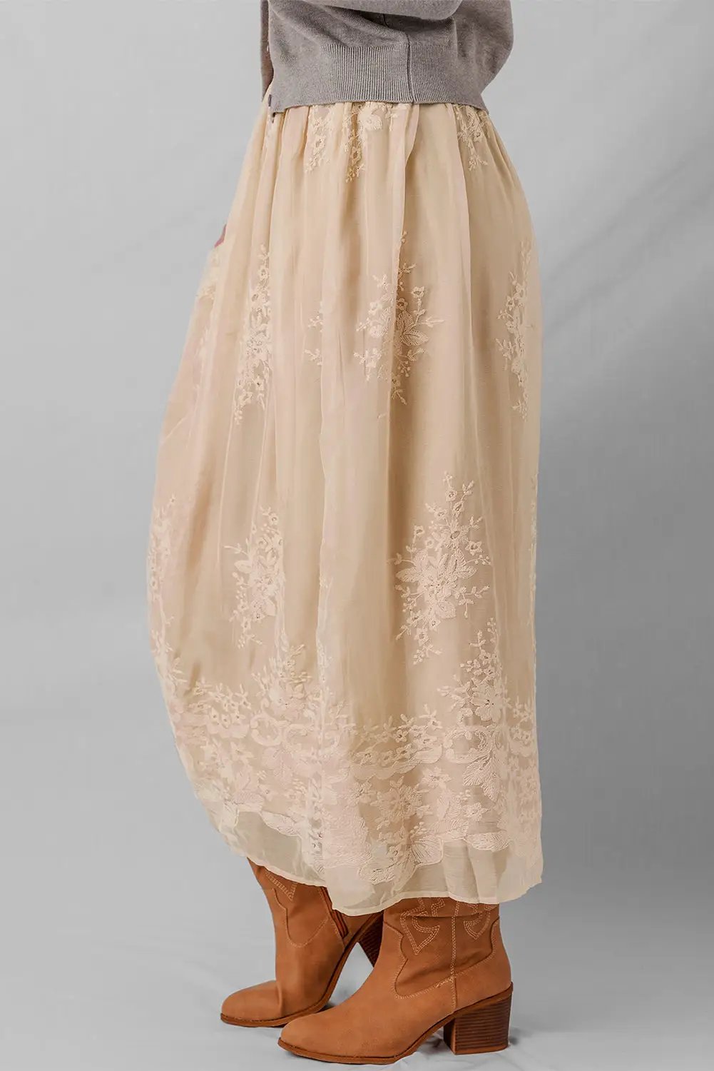 Grateful Threads Boutique Oatmeal Embroidered Mesh Overlay Flowy Long Skirt - Skirts Oatmeal Embroidered Mesh Overlay Flowy Long Skirt