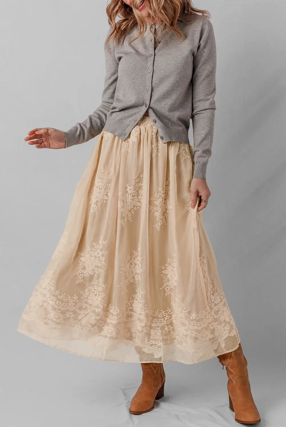 Grateful Threads Boutique Oatmeal Embroidered Mesh Overlay Flowy Long Skirt - Skirts Oatmeal Embroidered Mesh Overlay Flowy Long Skirt