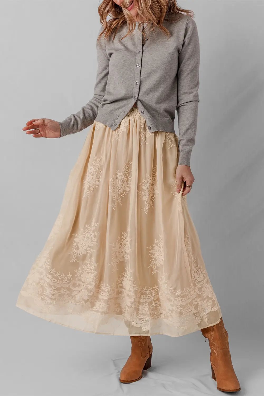 Grateful Threads Boutique Oatmeal Embroidered Mesh Overlay Flowy Long Skirt - Skirts Oatmeal Embroidered Mesh Overlay Flowy Long Skirt